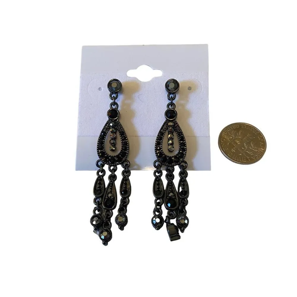 Gun Metal & Black Jeweled Dangly Earrings.